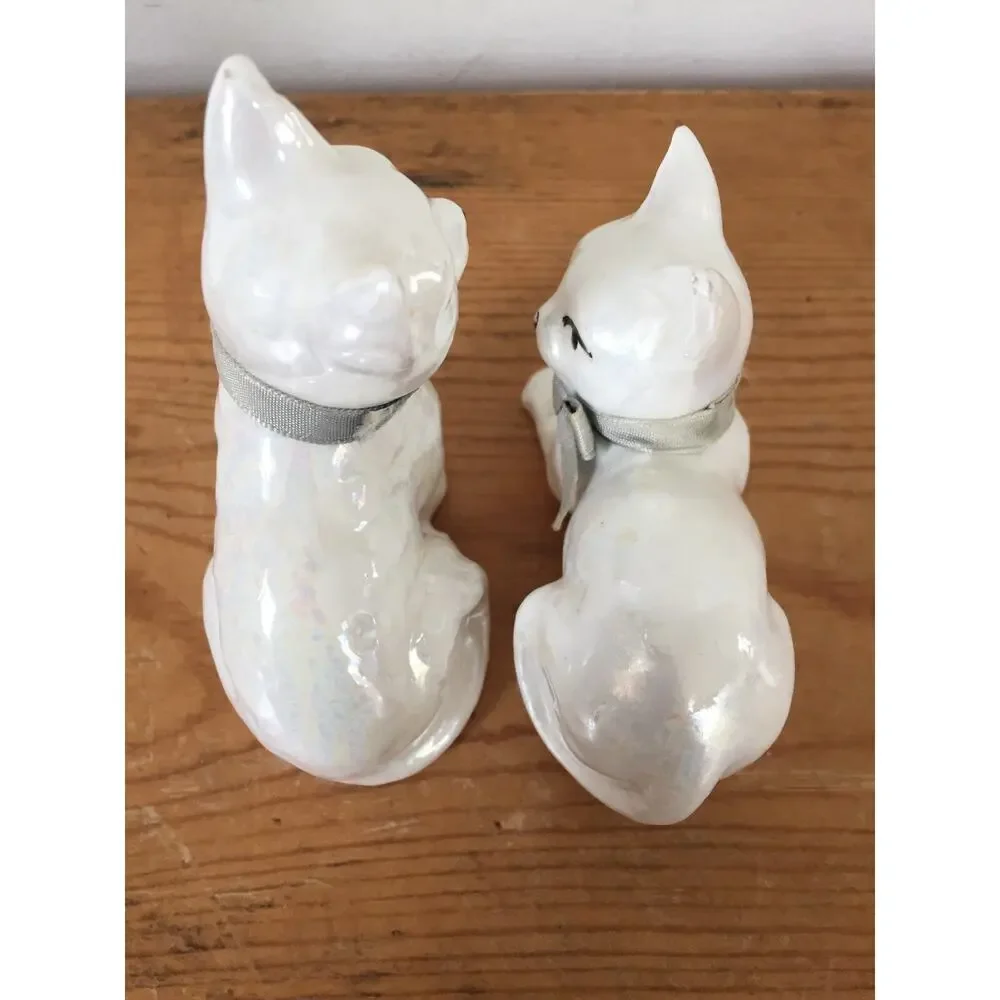 Vtg Occupied Japan White Lusterware Ceramic Porcelain Cat Kitty Kitten Figurines